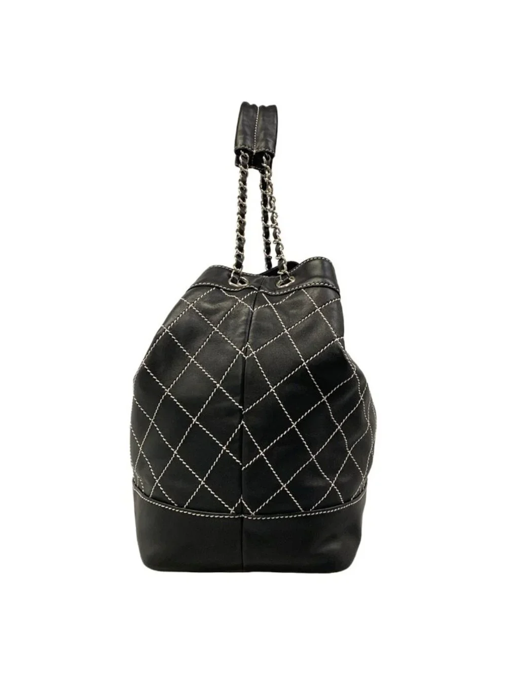 Chanel Tote Bag Wild Stitch Black White Silver Lambskin